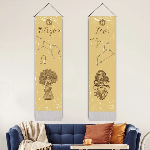 Zodiac Constellation Astrology Wall Hanging Tapestry Vintage Cotton Linen Fabric With Tassels And Wooden Pole Home Decor