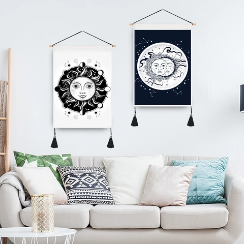 Zon Maan Ster Wandtapijt Muurophanging Boheemse Astrologie Kunst Polyester Katoen Stof Met Houten Stok En Kwastjes Kamerdecoratie
