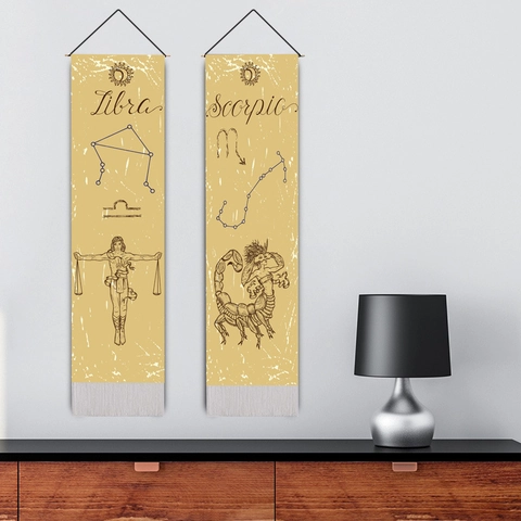 Zodiac Constellation Astrology Wall Hanging Tapestry Vintage Cotton Linen Fabric With Tassels And Wooden Pole Home Decor