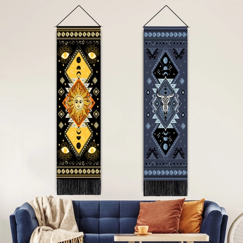 Bohemian Wall Hanging Tapestry Cotton Linen Sun Moon Phase Bull Skull Tribal Style Decor With Rod And Tassel