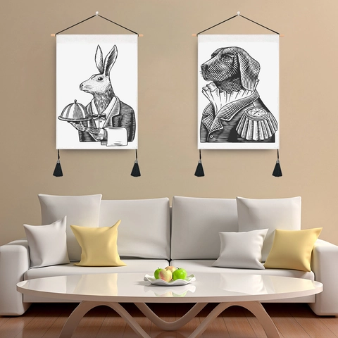 Wall Hanging Tapestry Black And White Animal Sketch Polyester Cotton Canvas With Wood Rod And Tassels For Home Decor