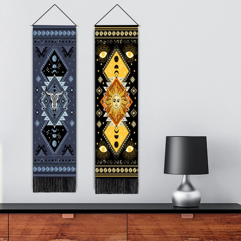 Bohemian Wall Hanging Tapestry Cotton Linen Sun Moon Phase Bull Skull Tribal Style Decor With Rod And Tassel