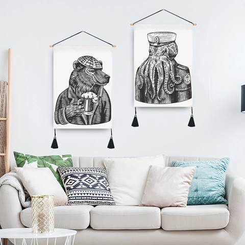 Wall Hanging Tapestry Black And White Animal Sketch Polyester Cotton Canvas With Wood Rod And Tassels For Home Decor