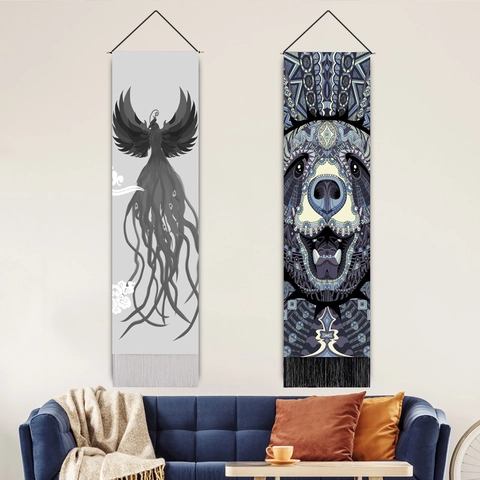 Abstract Mandala Animal Art Wall Tapestry Polyester Cotton Long Vertical Hanging Scroll With Tassels And Wood Rod Home Decor