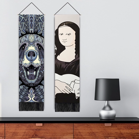 Abstract Mandala Animal Art Wall Tapestry Polyester Cotton Long Vertical Hanging Scroll With Tassels And Wood Rod Home Decor