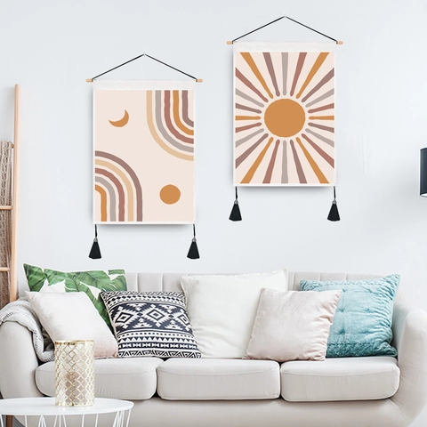 Bohemian Wall Hanging Tapestry Polyester Cotton Sun Moon Print Tassel Decor With Wooden Rod For Living Room Bedroom