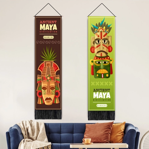 Ancient Maya Civilization Totem Mask Tapestry Wall Hanging Vertical Long Banner Polyester Cotton With Wood Pole Tassel Decor
