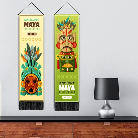 Ancient Maya Civilization Totem Mask Tapestry Wall Hanging Vertical Long Banner Polyester Cotton With Wood Pole Tassel Decor