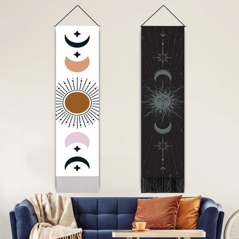 Astrology Sun Moon Wall Hanging Tapestry Polyester Cotton Scroll With Tassels And Wood Rod Bohemian Decor