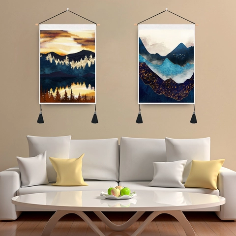 Nordic Modern Abstract Landscape Hanging Tapestry With Wooden Rod Tassel Decorative Wall Art Scroll Painting For Home Decor