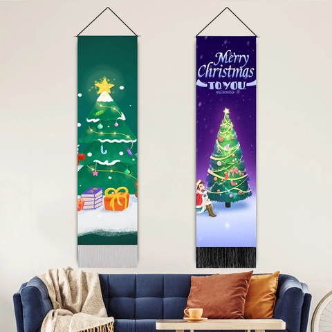 Kerstboom Muurophanging Wandtapijt Polyester Katoen Houten Stok Kwastje Verticaal Feestelijke Muurdecoratie Voor Huis