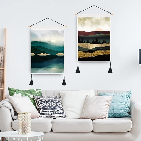 Nordic Modern Abstract Landscape Hanging Tapestry With Wooden Rod Tassel Decorative Wall Art Scroll Painting For Home Decor