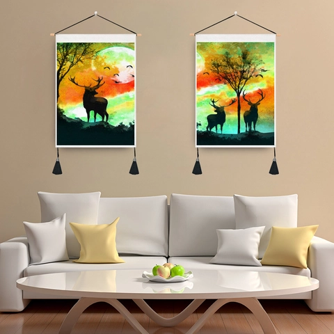 Modern Noords Hangend Wandtapijt Muurkunst Polyester Katoen Abstract Hert Silhouet Met Houten Paal En Kwastjes