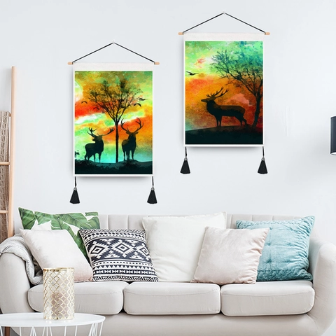 Modern Noords Hangend Wandtapijt Muurkunst Polyester Katoen Abstract Hert Silhouet Met Houten Paal En Kwastjes
