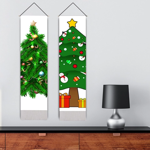 Kerstboom Muurophanging Wandtapijt Polyester Katoen Houten Stok Kwastje Verticaal Feestelijke Muurdecoratie Voor Huis