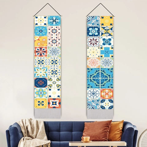 Vertical Wall Tapestry Cotton Linen Mediterranean Moroccan Tile Pattern Hanging Scroll With Wooden Pole And Tassels Boho