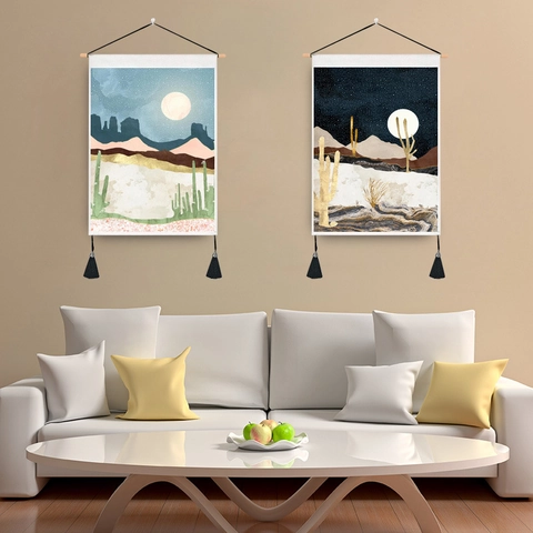 Arazzo Da Parete Paesaggio Astratto Del Deserto Arte Poliestere Cotone Con Asta In Legno E Nappe Decorazione Casa Boho Nordico