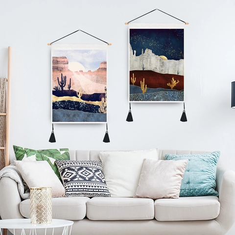 Arazzo Da Parete Paesaggio Astratto Del Deserto Arte Poliestere Cotone Con Asta In Legno E Nappe Decorazione Casa Boho Nordico