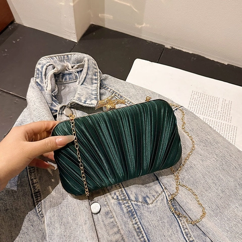 Damen Abendtasche Clutch Plissee Satin Formelle Hochzeit Party Handtasche Mit Metallkette Vogel Zweig Verschluss