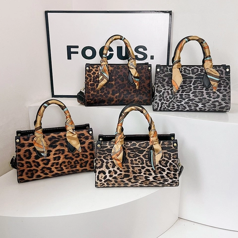 Mode Handtasche Mit Leopardenmuster Aus PU-Leder Mit Satinnschal-Griff Breitem Schultergurt Umhängetasche Für Damen