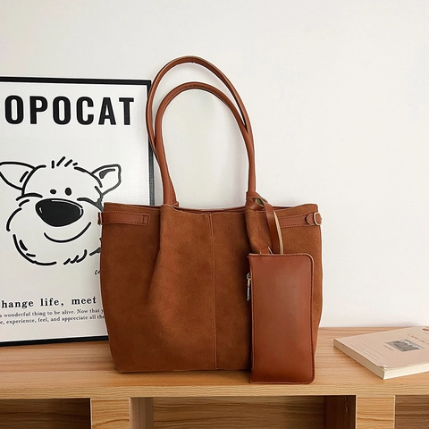 Large Capacity Tote Bag And Pouch Frosted PU Suede Retro Solid Color Underarm Commuter Handbag For Women