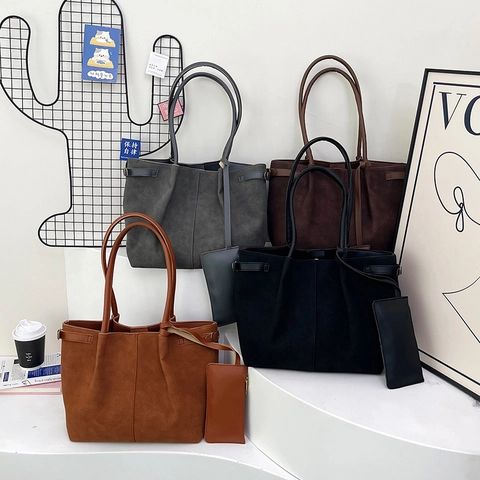 Large Capacity Tote Bag And Pouch Frosted PU Suede Retro Solid Color Underarm Commuter Handbag For Women