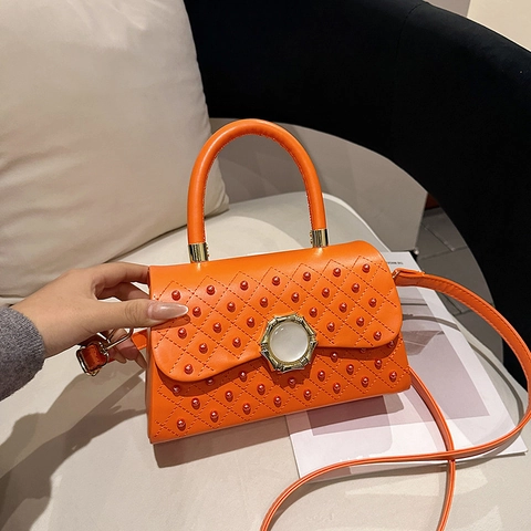 Quilted Diamond Lattice PU Leather Crossbody Bag With Rivet Studs And Artificial Pearl Buckle Elegant Small Square Handbag For Women