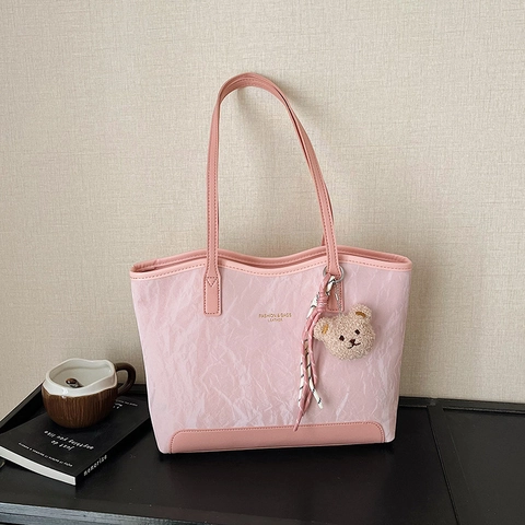 Women's Vintage Pleated PU Leather Tote Bag Large Capacity Casual Shoulder Bag With Teddy Bear Charm Fashion Bags For Travel Office
