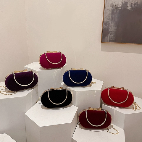 Samt Abendtasche Oval Box Clutch Gold Schleife Schnalle Metallgriff Kettengurt Retro Elegant Formelle Party Tasche Damen