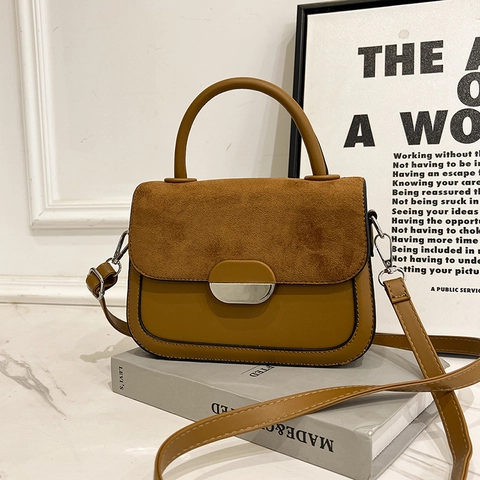 Women Vintage Patchwork Saddle Bag Suede Look PU Leather Crossbody Handbag Contrast Color Small Capacity Flap Bag Daily Travel