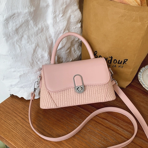 Vintage Women PU Leather Straw Woven Stitching Crossbody Bag Small Square Top Handle Bag Adjustable Strap Casual Shoulder Bag