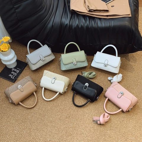 Vintage Women PU Leather Straw Woven Stitching Crossbody Bag Small Square Top Handle Bag Adjustable Strap Casual Shoulder Bag