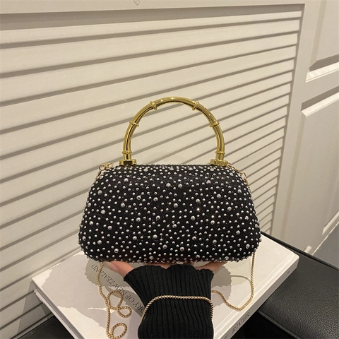 Funkelnde Strass Abendtasche Für Damen Mit Goldenem Bambus Metallgriff Abnehmbare Kette Party Hochzeit Clutch PU