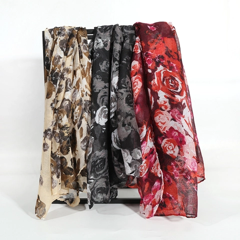 Women Retro Rose Floral Print Voile Scarf Elegant Lightweight Polyester Shawl Fashion Accessory For Autumn Winter