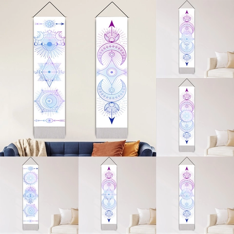 Bohemian Vertical Tapestry Polyester Cotton Wall Hanging Geometric Moon Phase Gradient Purple Blue Celestial With Wood Pole