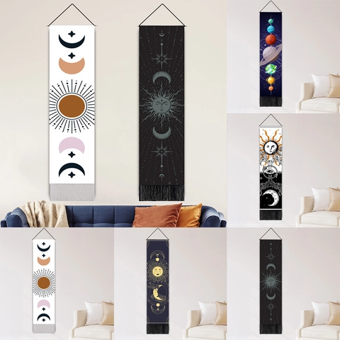Astrology Sun Moon Wall Hanging Tapestry Polyester Cotton Scroll With Tassels And Wood Rod Bohemian Decor