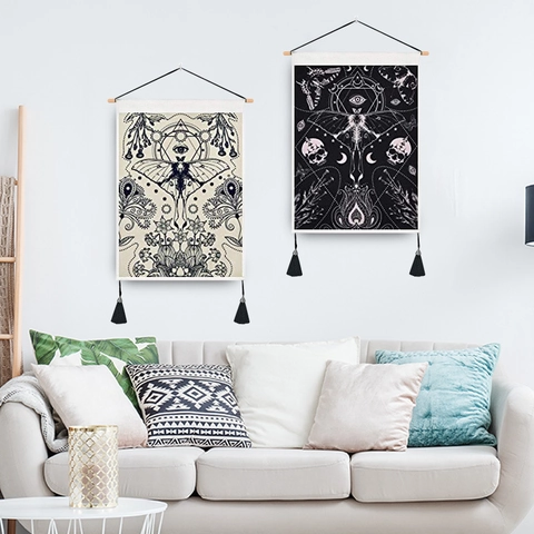 Mystical Moth Skull Wall Tapestry Bohemian Gothic Home Decor Hanging Scroll With Wood Rod And Tassels Art
