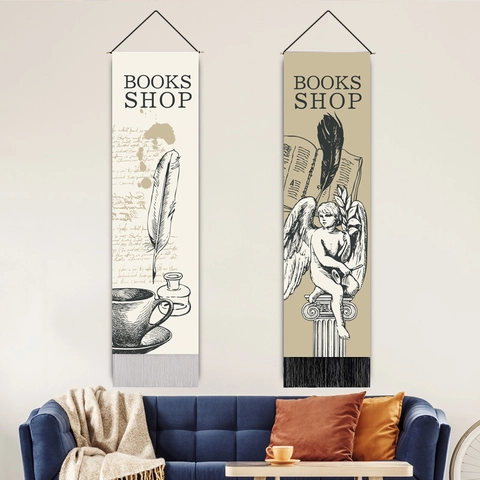 Wall Hanging Tapestry Cotton Linen Vintage Books Shop Aesthetic Scroll Poster With Wooden Pole And Tassel Decor
