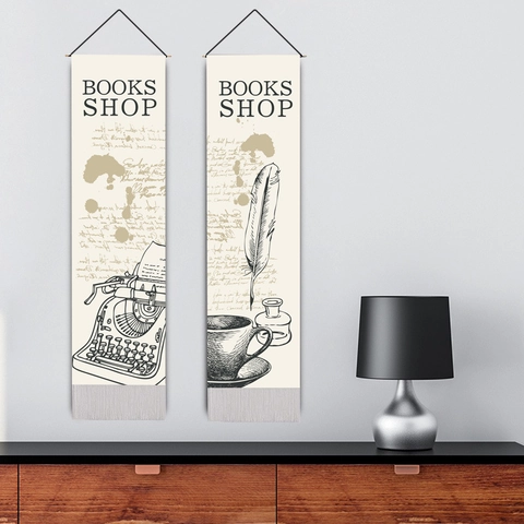 Wall Hanging Tapestry Cotton Linen Vintage Books Shop Aesthetic Scroll Poster With Wooden Pole And Tassel Decor