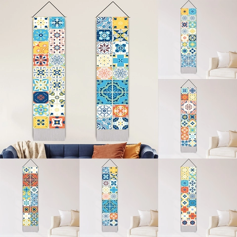 Vertical Wall Tapestry Cotton Linen Mediterranean Moroccan Tile Pattern Hanging Scroll With Wooden Pole And Tassels Boho