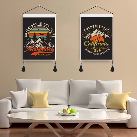 Retro Adventure Wall Hanging Tapestry Outdoor Mountain Theme Scroll Painting Polyester Cotton Fabric With Wood Pole And Tassels