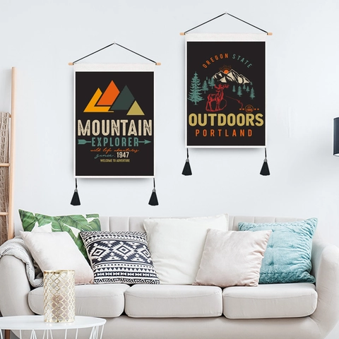 Retro Adventure Wall Hanging Tapestry Outdoor Mountain Theme Scroll Painting Polyester Cotton Fabric With Wood Pole And Tassels