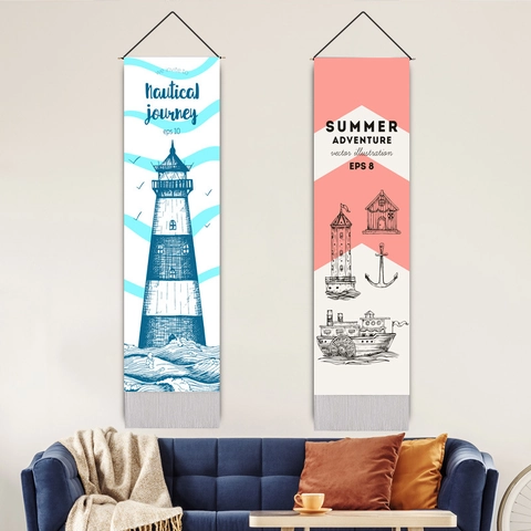 Nautical Hanging Wall Tapestry Cotton Linen Mediterranean Style Lighthouse Sailboat Hand Drawn Scroll