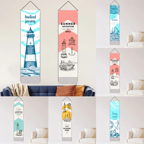 Nautical Hanging Wall Tapestry Cotton Linen Mediterranean Style Lighthouse Sailboat Hand Drawn Scroll