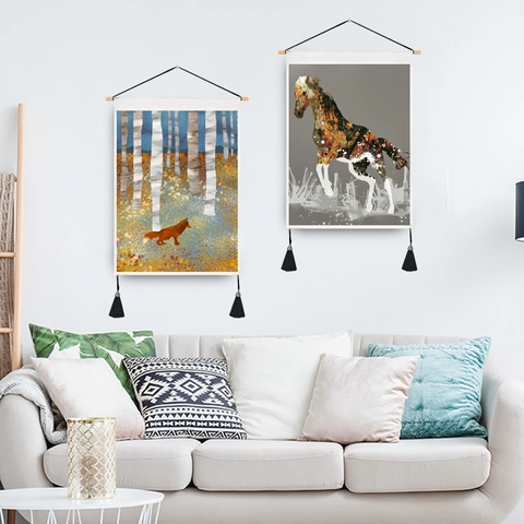 Nordic Abstract Animal Tapestry Wall Hanging Art Decor With Wooden Rod And Tassels For Living Room Bedroom