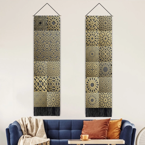 Islamisches Geometrisches Muster Wandteppich Polyester Baumwolle Stoff Langer Vertikaler Wandbehang Mit Quasten