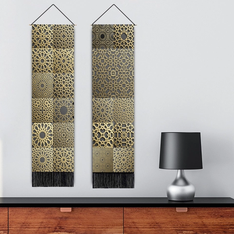Islamisches Geometrisches Muster Wandteppich Polyester Baumwolle Stoff Langer Vertikaler Wandbehang Mit Quasten