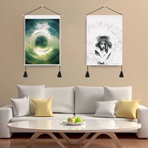 Nordic Art Wall Tapestry Hanging Scroll Cotton Polyester Abstract Portrait Decor With Wood Pole Tassels For Home Bedroom