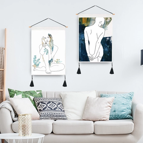 Nordic Art Wall Tapestry Hanging Scroll Cotton Polyester Abstract Portrait Decor With Wood Pole Tassels For Home Bedroom