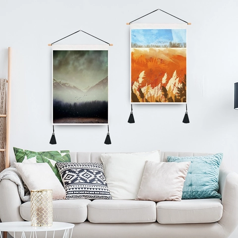 Tapisserie Murale Paysage Abstrait Tige En Bois Glands Style Nordique Montagne Mer Polyester Coton Art Suspendu Home Decor